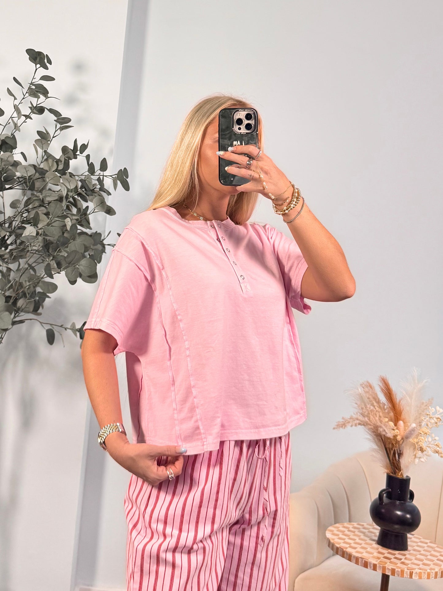 Riley Henley Short Sleeve Top- Pink