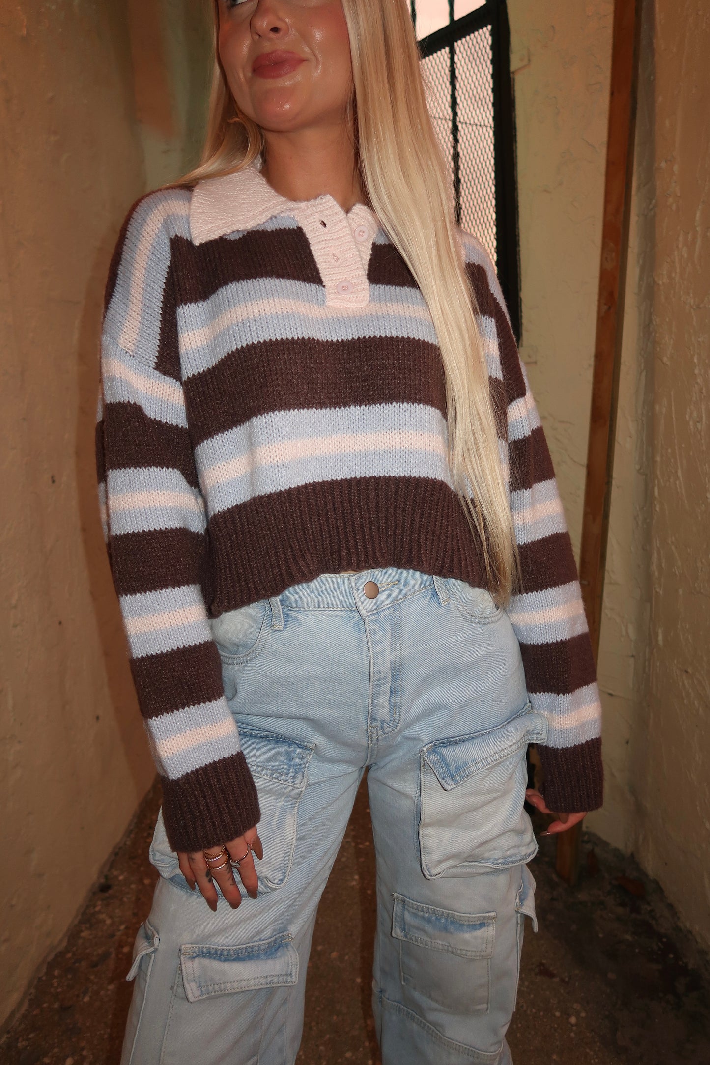 Brown, Blue, Pink Striped Polo Cropped Sweater