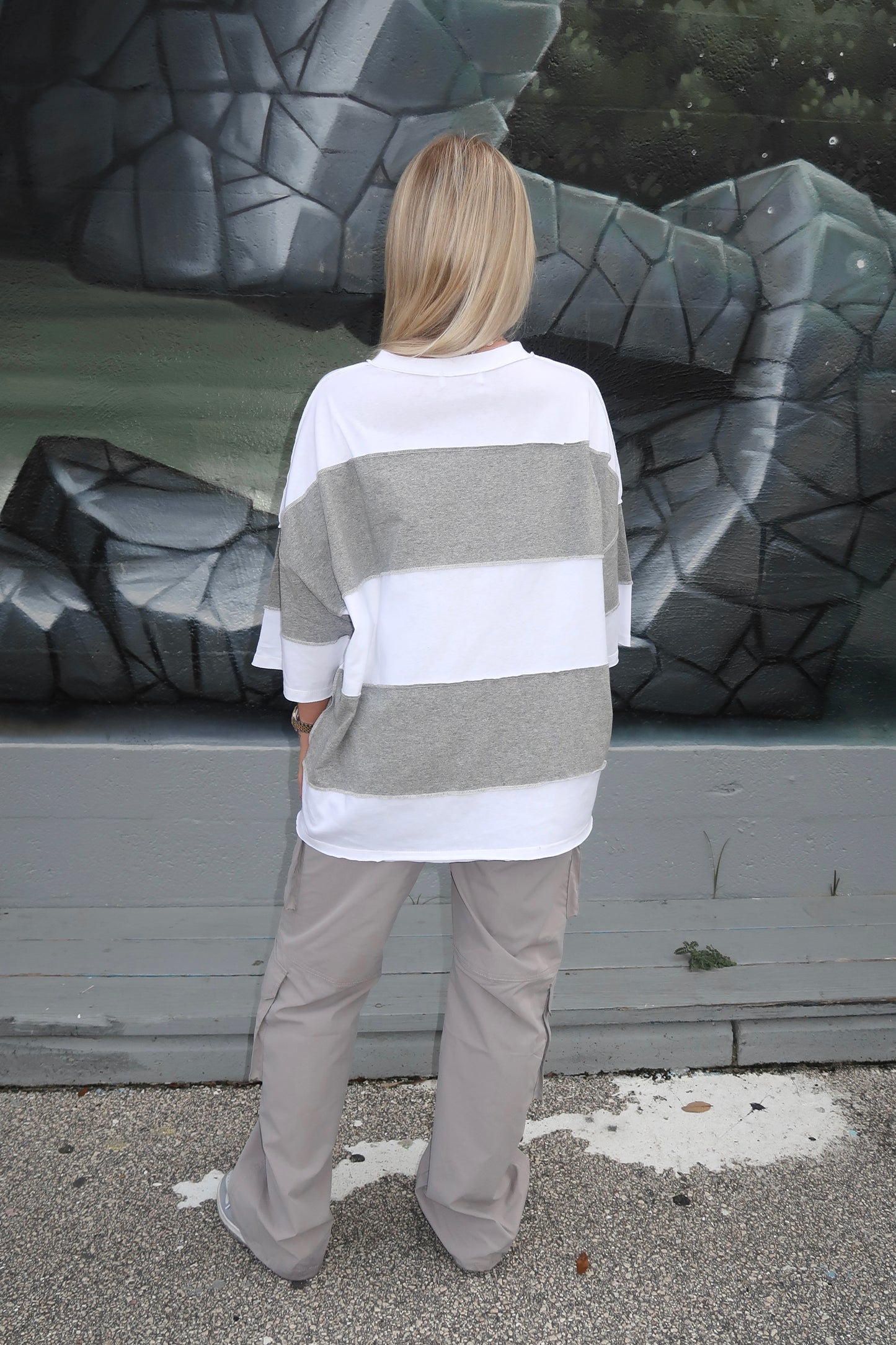 Drop Shoulder Striped Tee- Grey