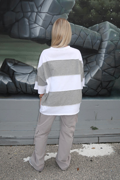 Drop Shoulder Striped Tee- Grey