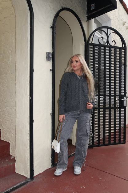 Charcoal Cable Knit Braided Sweater
