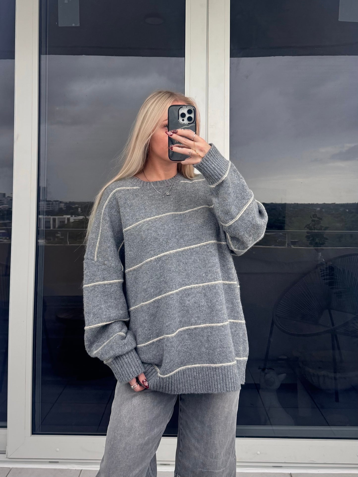 Grey with Cream Stripes Sweater