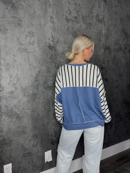 White, Black & Blue Striped Pullover