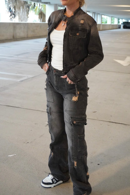 Washed Distressed Cargo Jeans