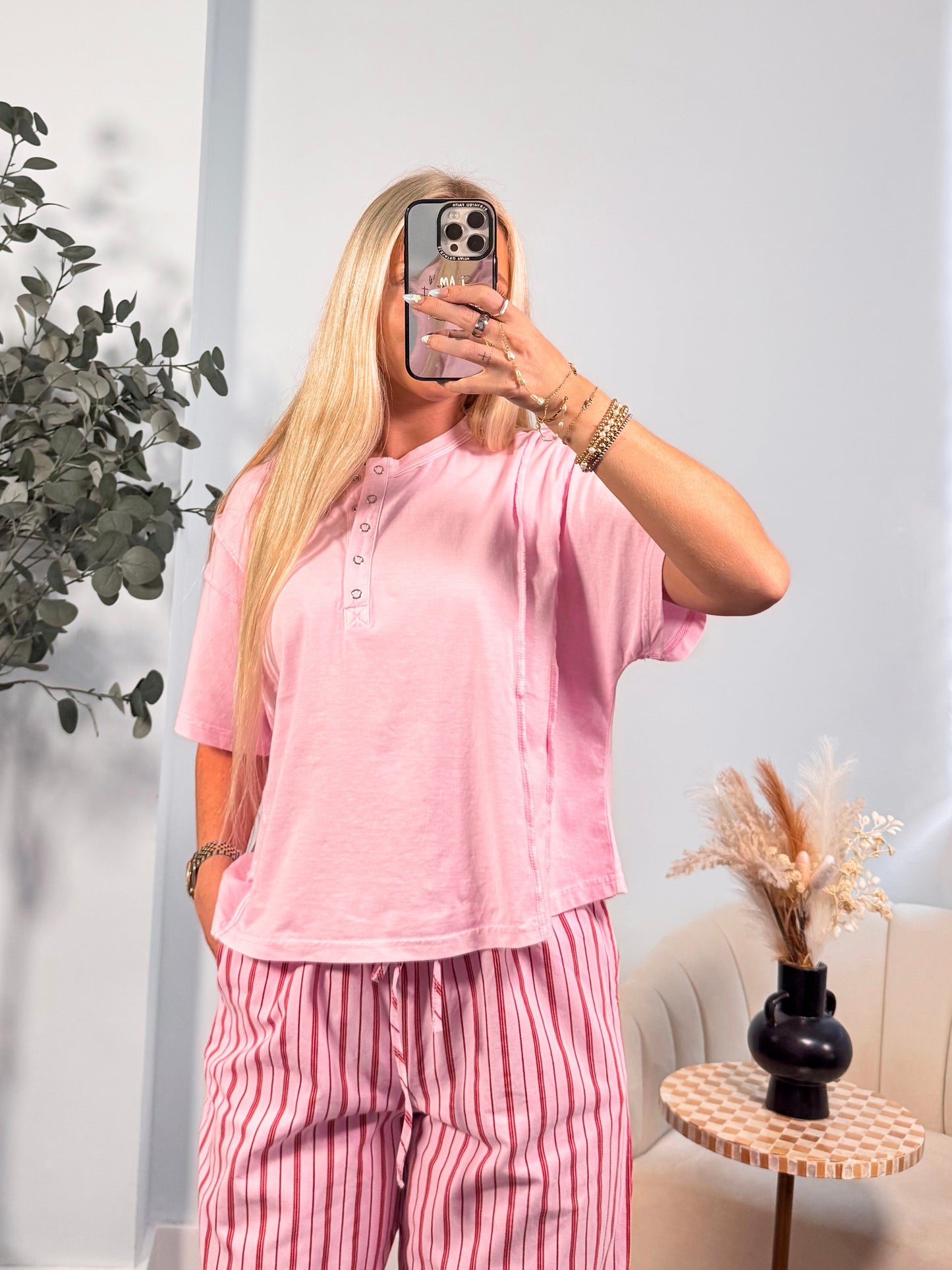 Riley Henley Short Sleeve Top- Pink