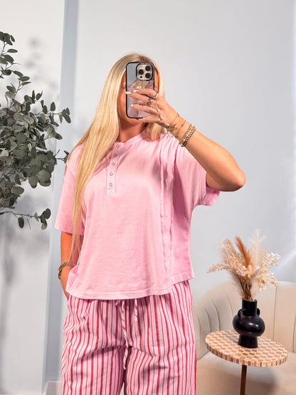 Riley Henley Short Sleeve Top- Pink