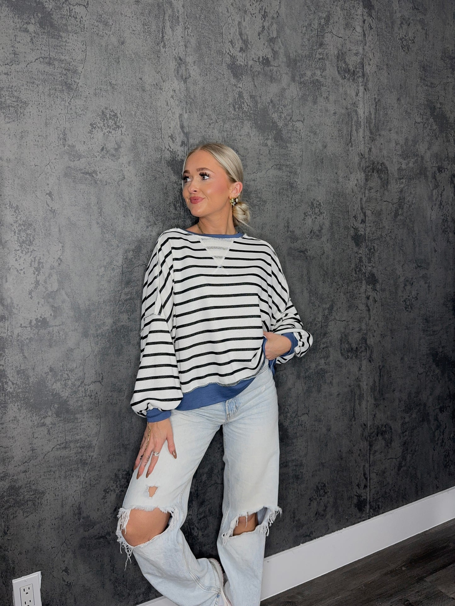 White, Black & Blue Striped Pullover