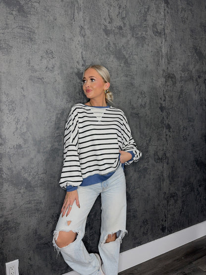 White, Black & Blue Striped Pullover