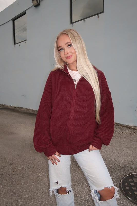 Oversized Knit Jacket- Burgandy