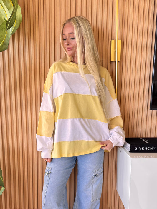 Drop Shoulder Striped Long Sleeve- Yellow