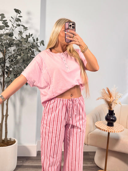 Riley Henley Short Sleeve Top- Pink