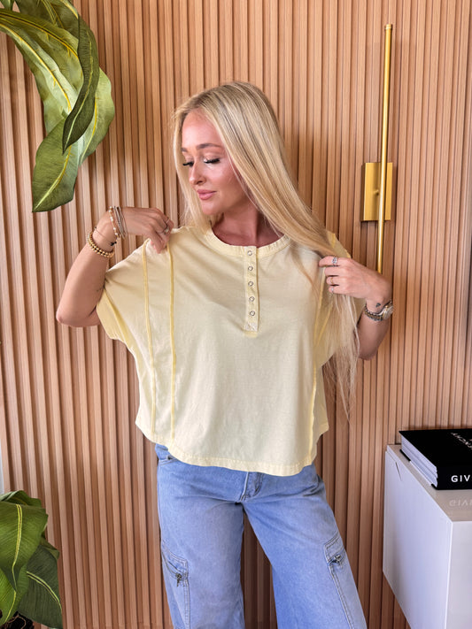 Riley Henley Short Sleeve Top- Yellow