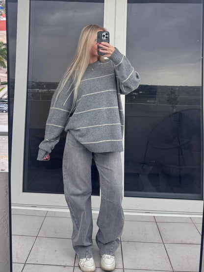 Grey with Cream Stripes Sweater