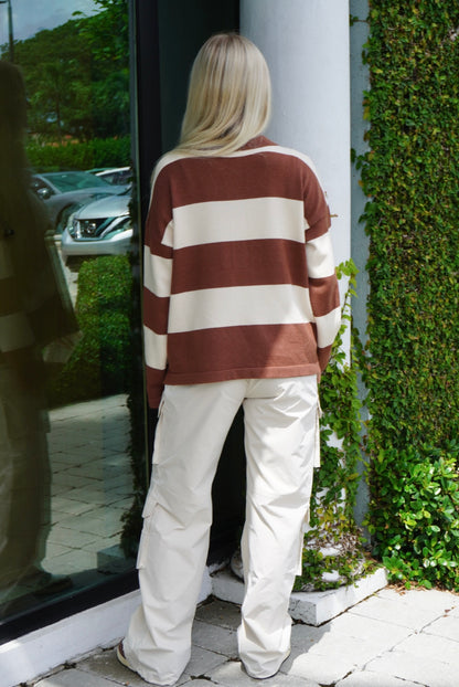 Mocha/ Cream Striped Polo Sweater
