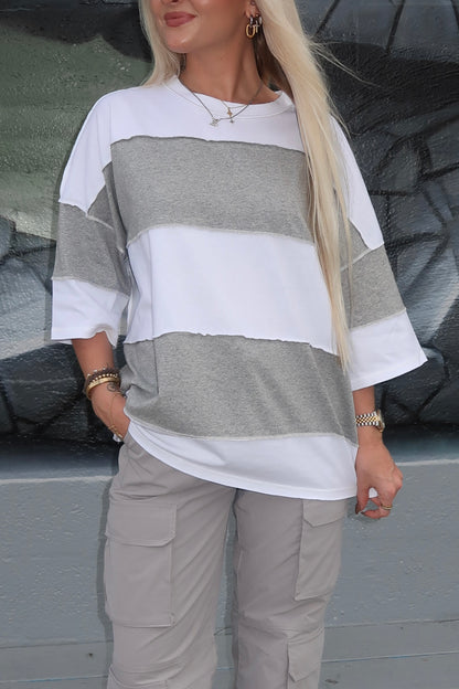 Drop Shoulder Striped Tee- Grey