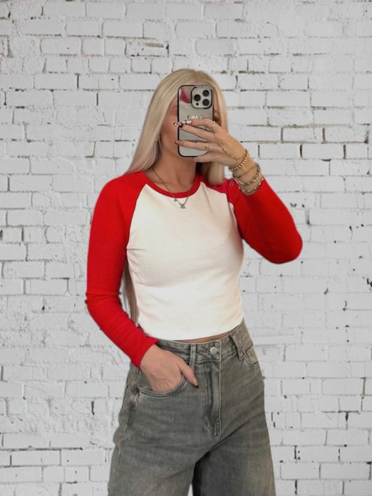 Long Sleeve Baseball Top- Red (Runs Small)