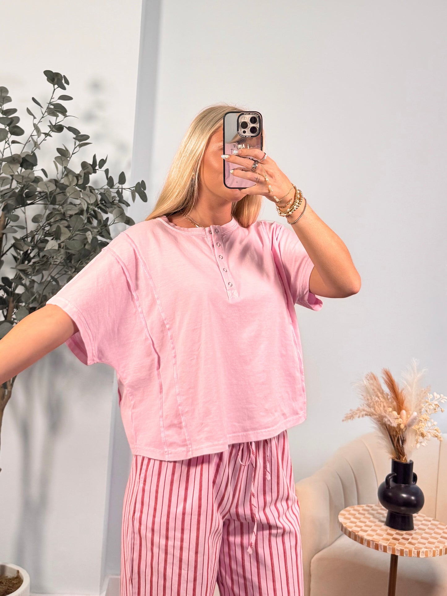 Riley Henley Short Sleeve Top- Pink