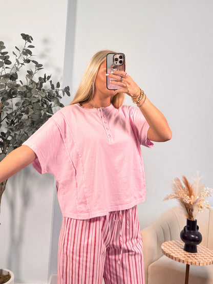 Riley Henley Short Sleeve Top- Pink