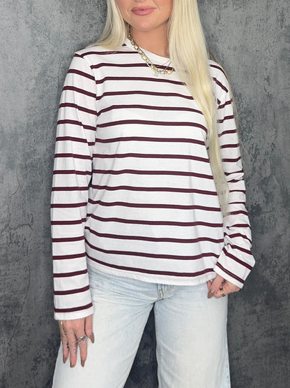 Burgundy & White Striped Long Sleeve