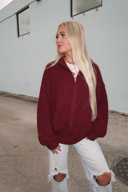 Oversized Knit Jacket- Burgandy