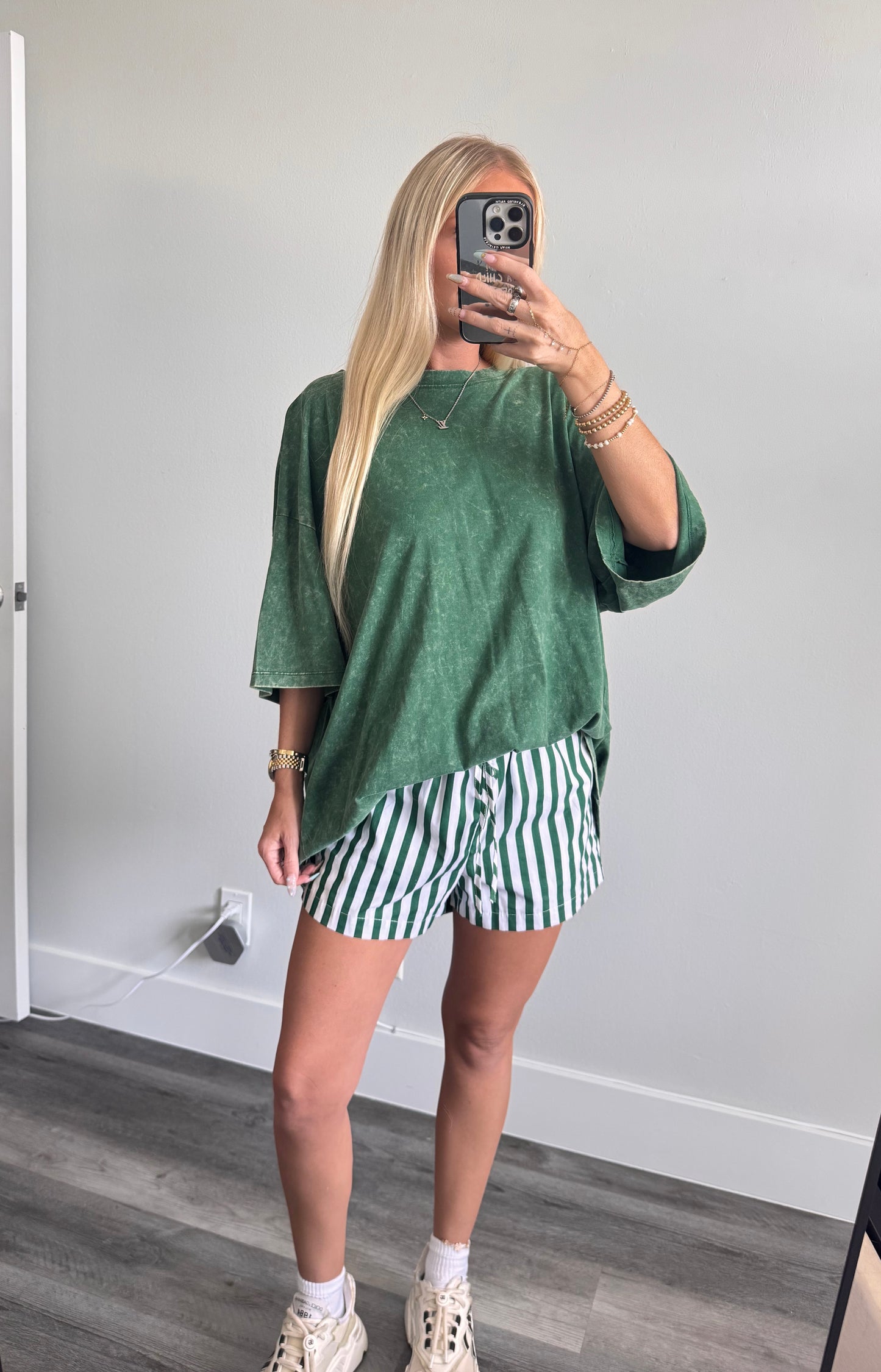 Green & White Striped Shorts