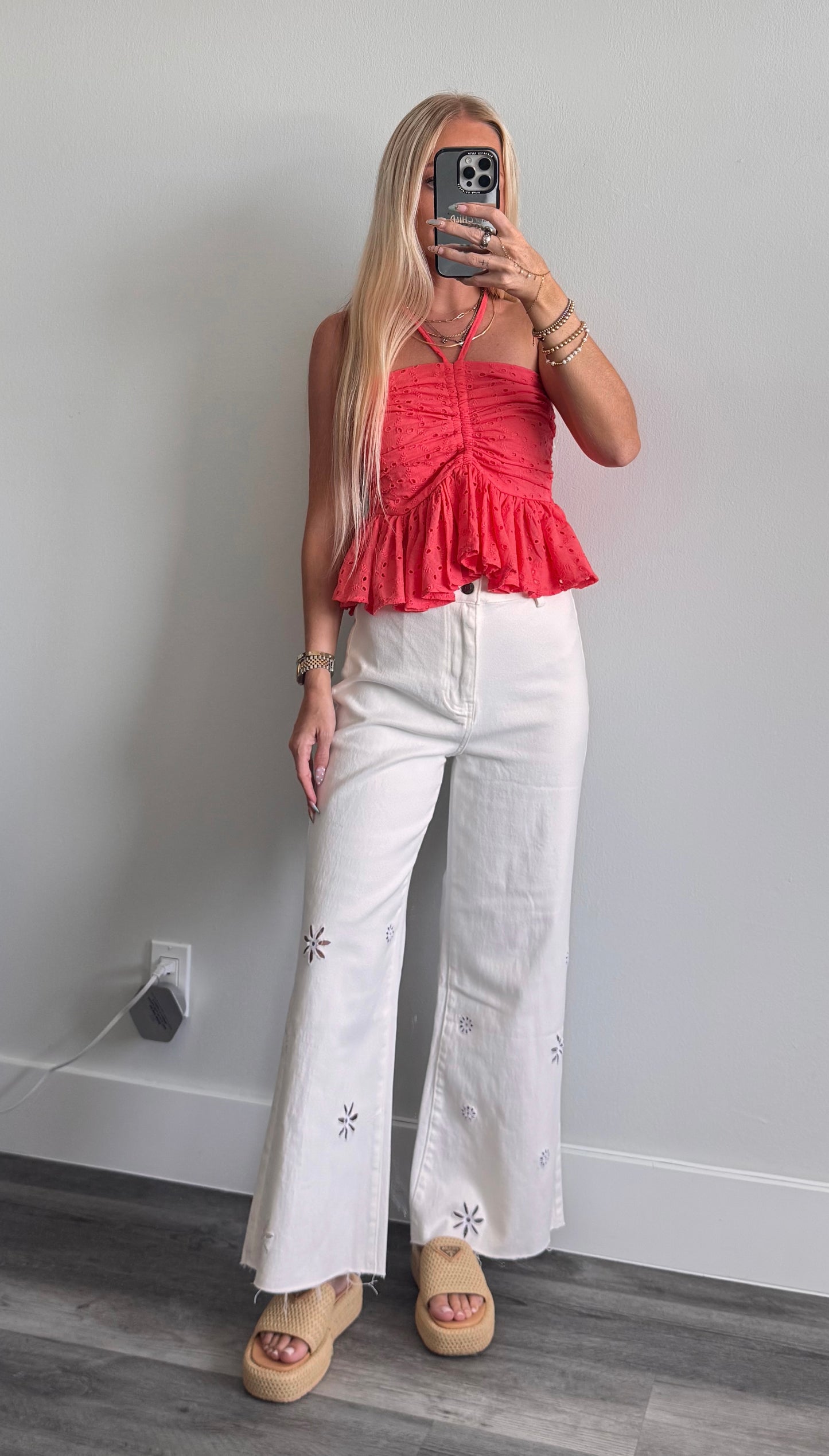 White Cut Out Eyelet Jeans