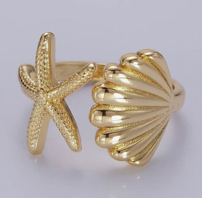 Gold Plated Shell & Starfish Ring