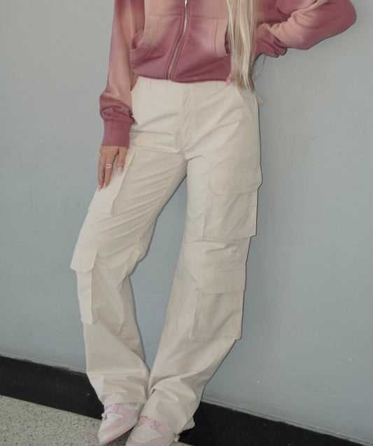 Cream Nylon Cargo Pants