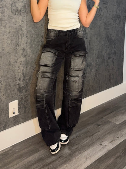 Multi Pocket Black Cargo Jeans