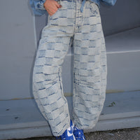 Checkered Denim Barrel Jeans