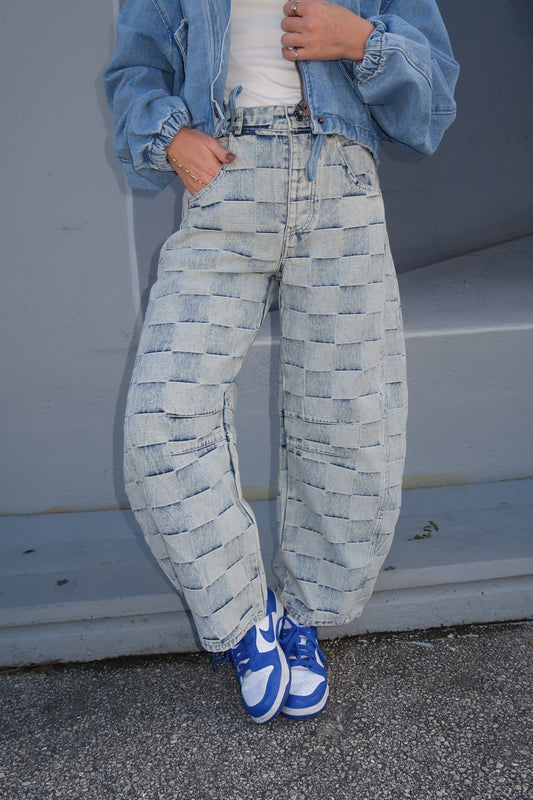 Checkered Denim Barrel Jeans