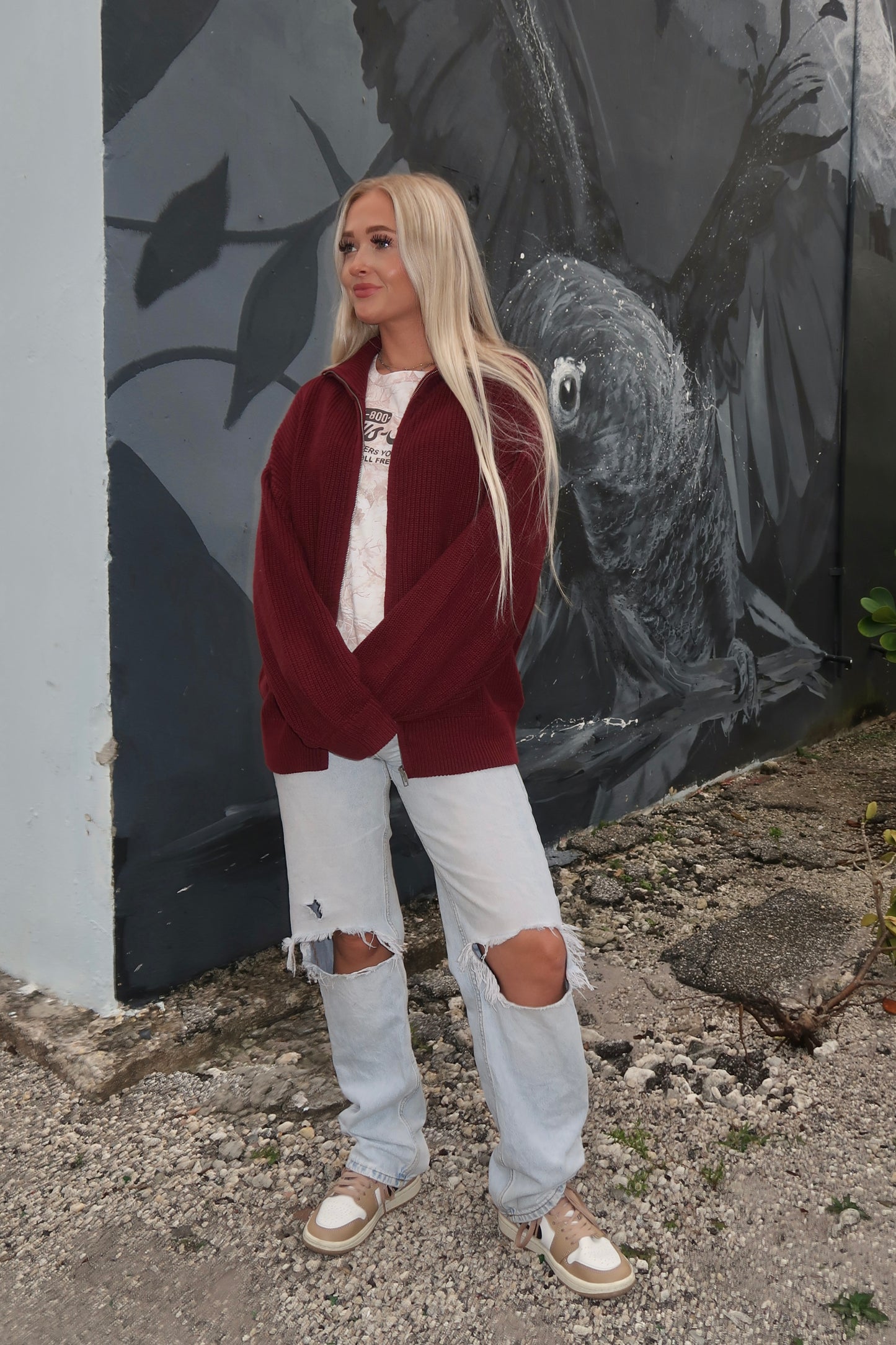 Oversized Knit Jacket- Burgandy