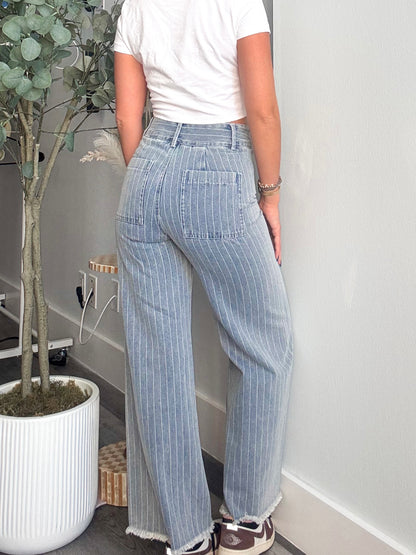 Stripe Denim Frayed Hem Jeans