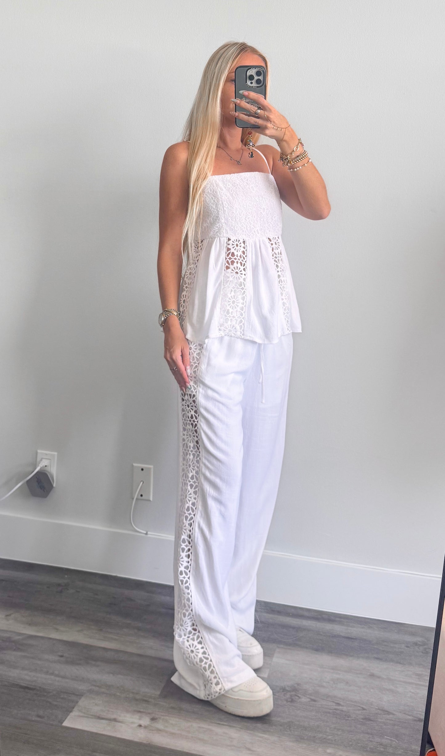 White Crochet Pants Set