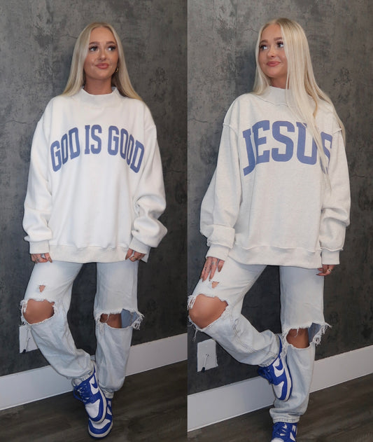 PRE ORDER (DEC) - Reversible Jesus/ God is Good Oversized Mockneck