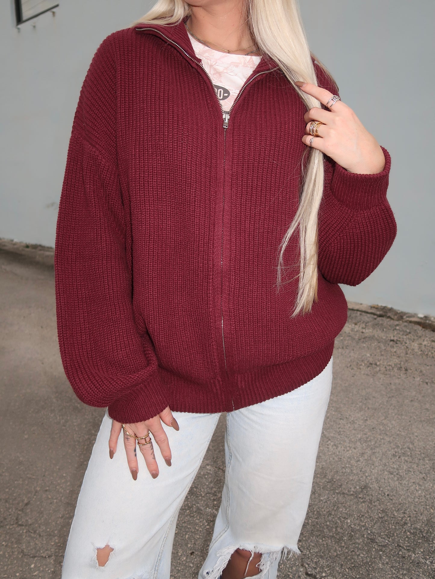 Oversized Knit Jacket- Burgandy