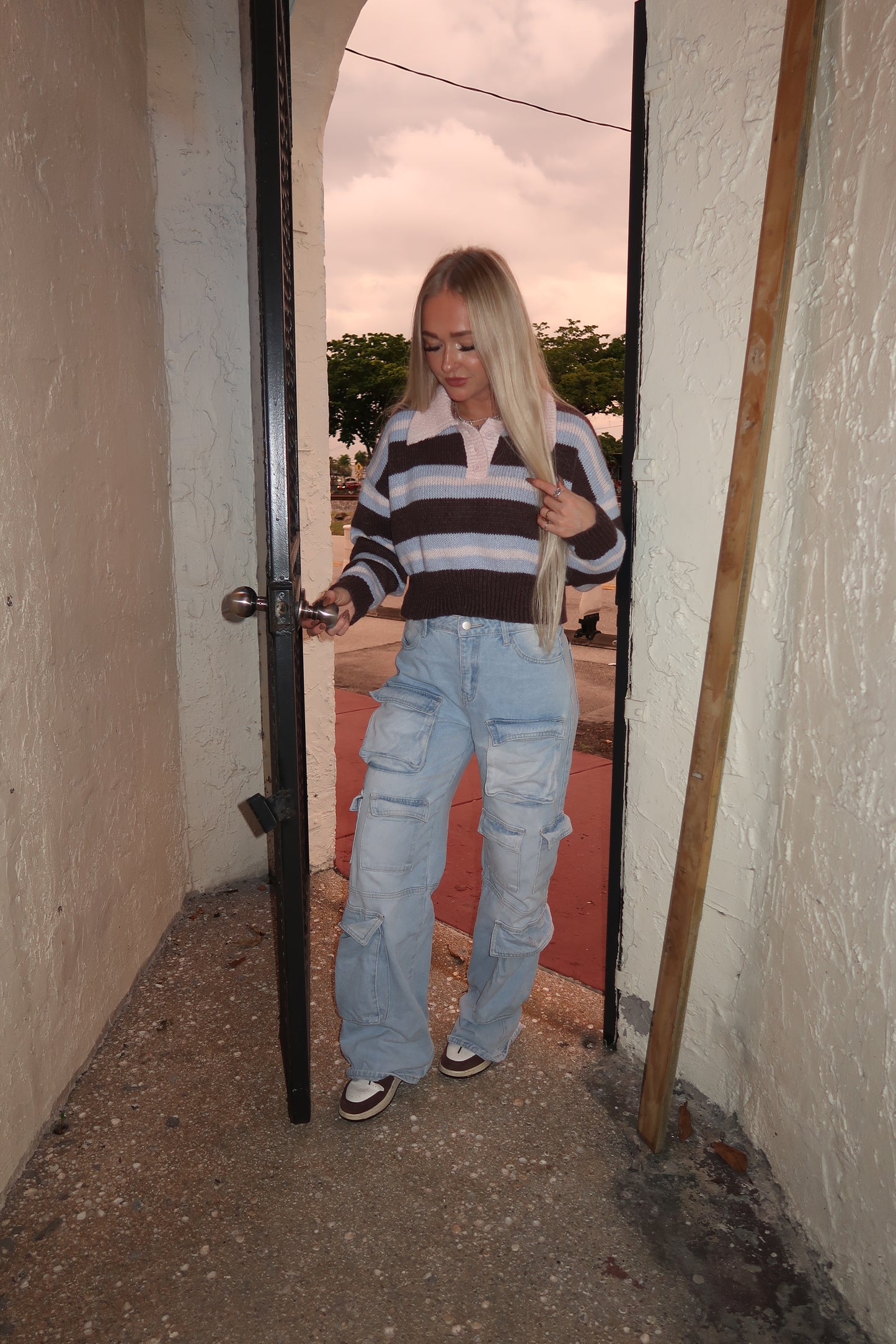 Brown, Blue, Pink Striped Polo Cropped Sweater