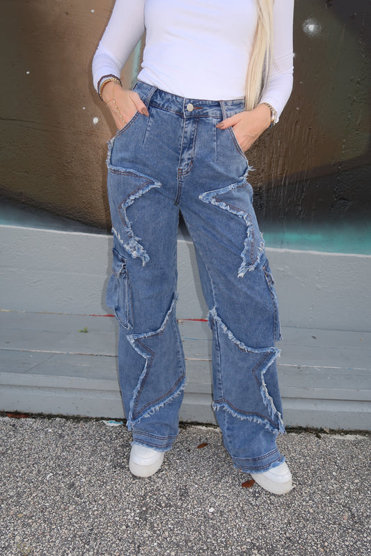Distressed Star Cargo Jeans