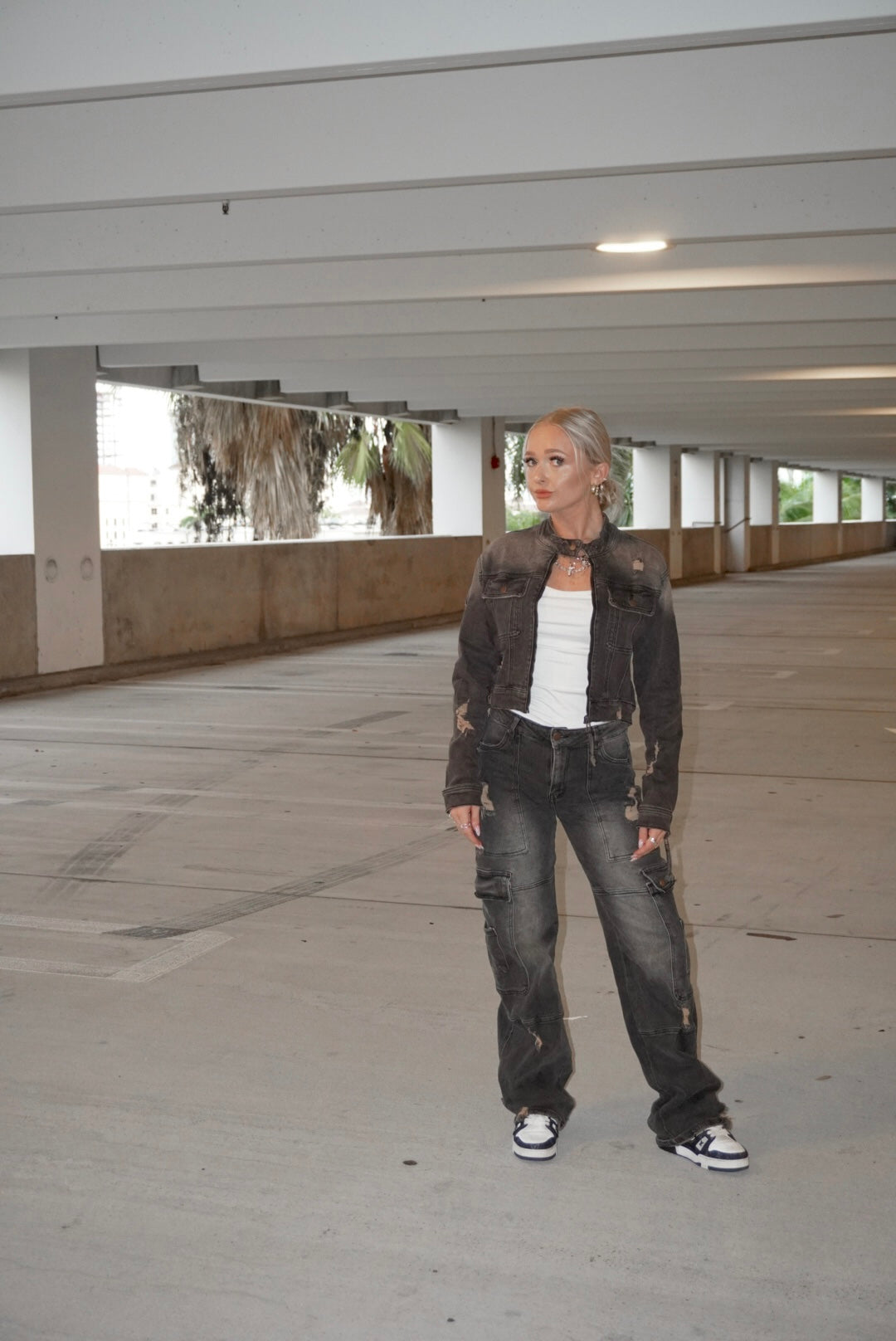 Washed Distressed Cargo Jeans