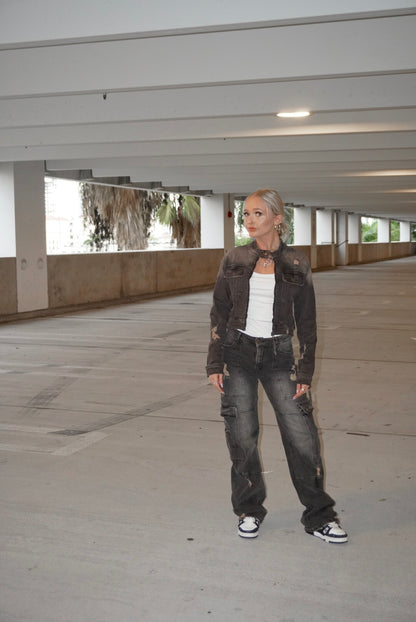 Washed Distressed Cargo Jeans