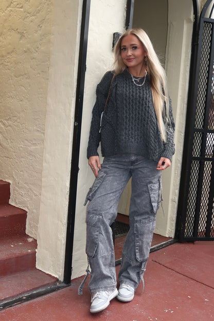 Charcoal Cable Knit Braided Sweater