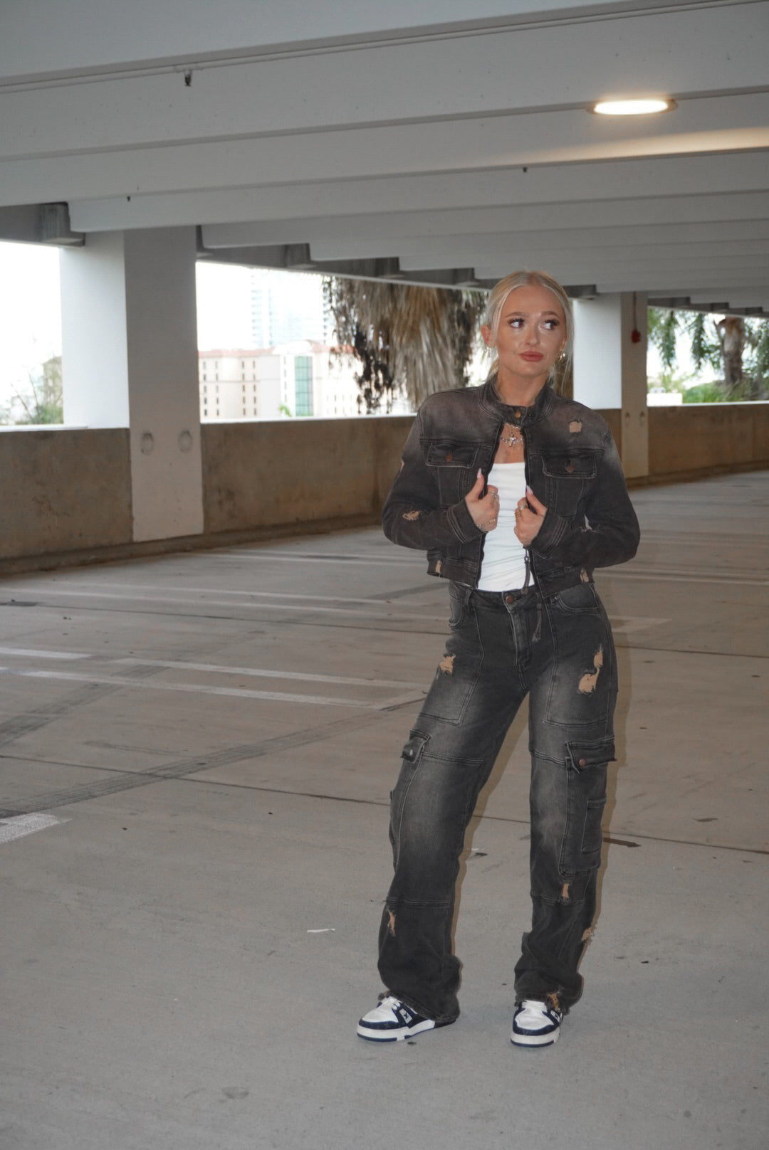 Washed Distressed Cargo Jeans