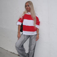 Drop Shoulder Striped Tee- Red