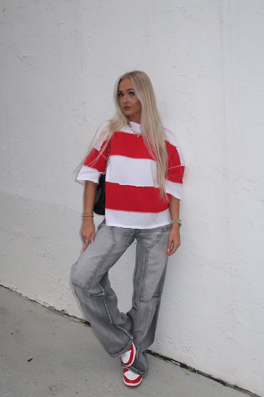 Drop Shoulder Striped Tee- Red