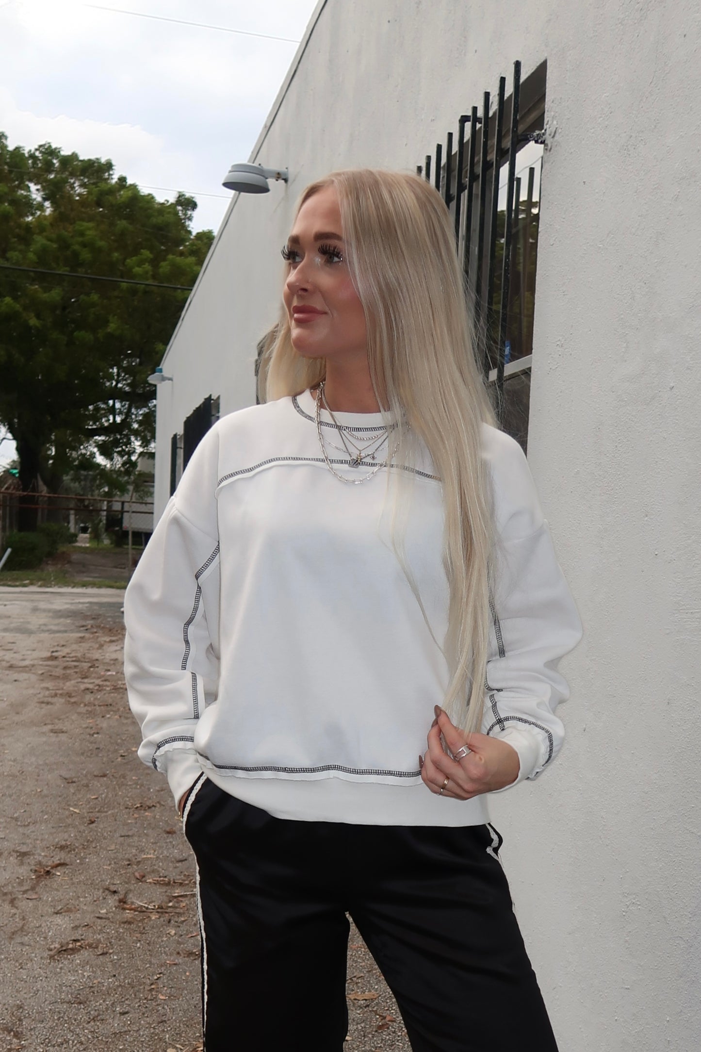 White with Black Stitching Sweatshirt