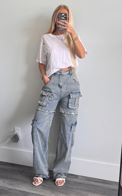 Snap Button Cargo Jeans