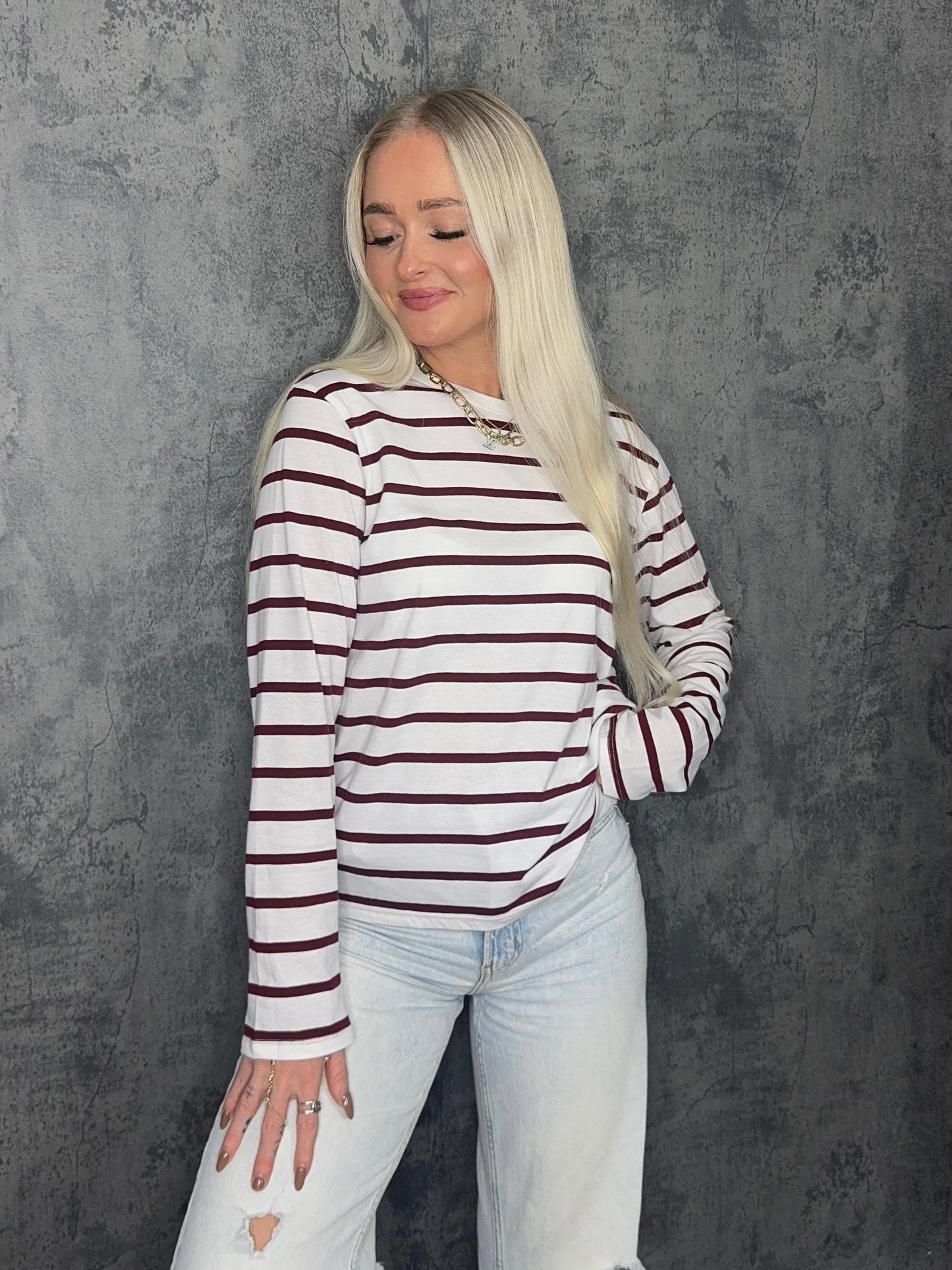 Burgundy & White Striped Long Sleeve