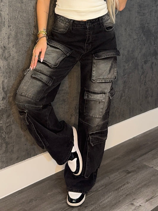 Multi Pocket Black Cargo Jeans