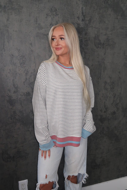 Grey Striped Oversized Long Sleeve