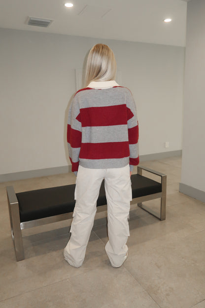 Burgundy/ Grey Striped Collared Sweater